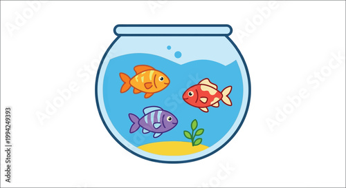 Colorful goldfish swim within a rounded glass aquarium with plants