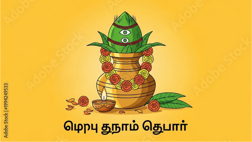 A traditional Indian festival celebration with green leaf decorations on a golden object