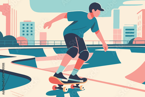 Illustration Of A Man Wearing A Hat Going Down A Ramp Using A Skateboard At A Skateboarding Arena Vector Design Template
