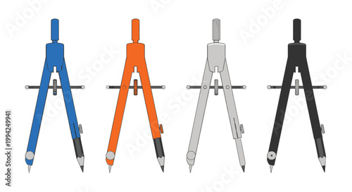 Four colorful drawing compasses arranged in a row isolated on white