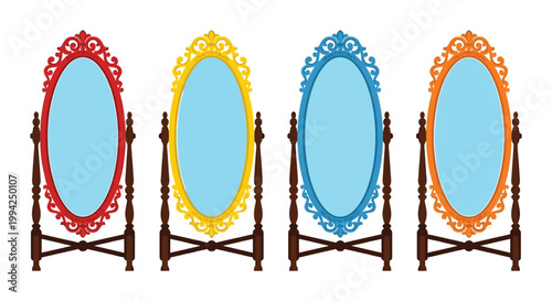 Four ornate full length mirrors in red yellow blue and orange hues