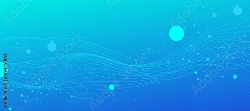 Abstract blue and cyan gradient background with flowing wavy lines, networked small dots, and glowing wireframe spheres, conveying digital technology and global connectivity concepts.