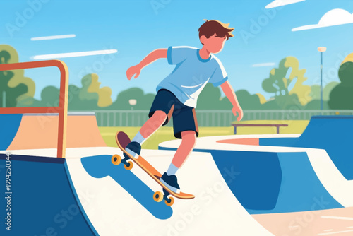 Illustration Of A Young Man Gliding On A Skateboard Track Using A Skateboard Vector Design Template