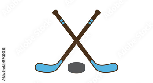 Two crossed hockey sticks and a puck on a white background