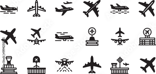 Airplane Travel Transportation Icons and Symbols Set