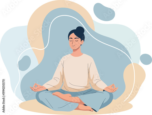 Tranquil Mind: A woman finds inner peace through meditation, embodying serenity and mindfulness with eyes closed and hands in a relaxed posture. 
