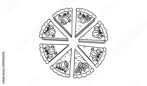 Carrot pie slice outline icon set with dessert and crust detail thin line vector isolated on white