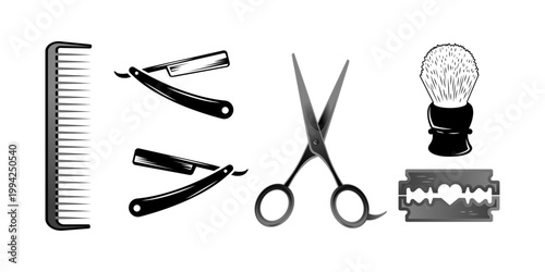 A collection of classic barbershop tools including straight razors, scissors, a comb, shaving brush, and razor blade, presented in a clean monochrome graphic style.