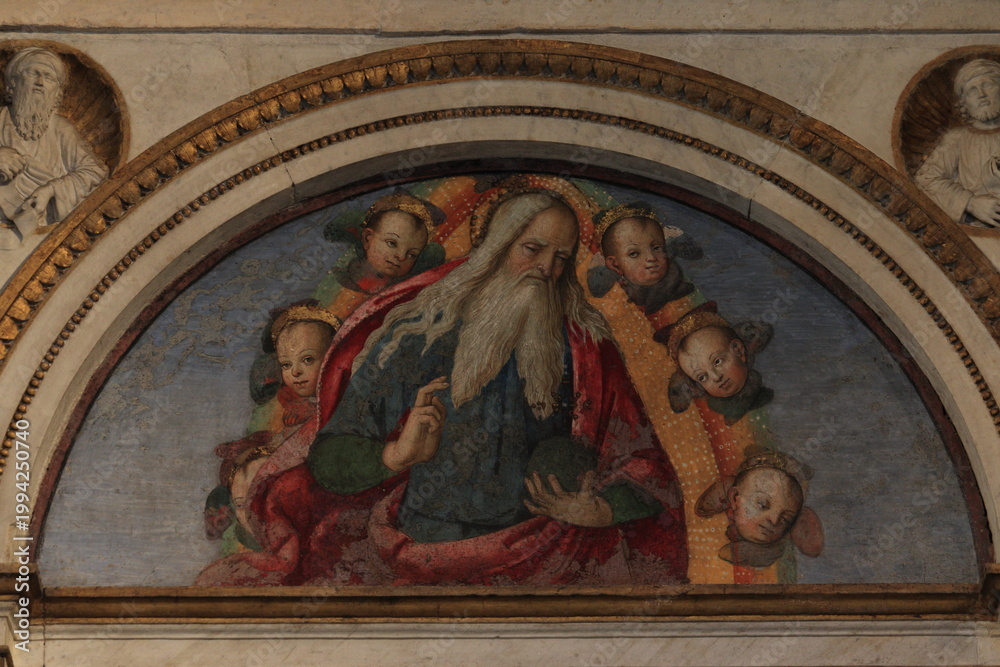 Obraz premium Lunette Fresco Depicting God The Father Blessing with Angels at the Basso della Rovere Chapel at the Santa Maria del Popolo Basilica in Rome, Italy