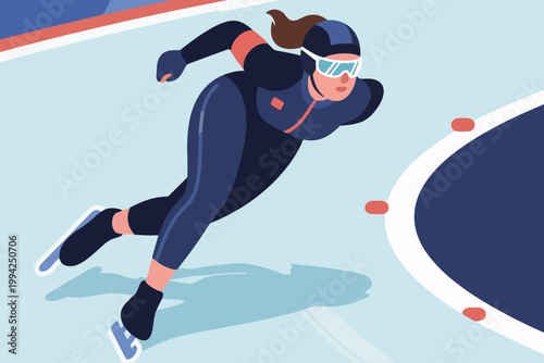 High Angle View Illustration Of Female Athlete Competing In Speed Ice Skating Vector Design Template