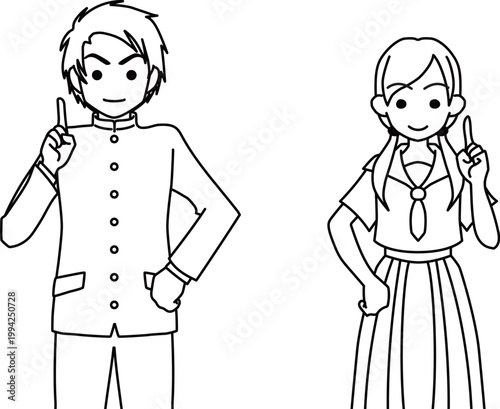 人差し指を立ててポイントを説明する制服姿の女子高生と男子高校生 イラスト 線画