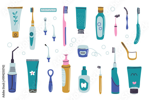 Dental hygiene products clipart set, bright doodle style toothbrushes, toothpastes, mouthwashes, dental floss, interdental brushes and irrigators. Oral care vector illustration