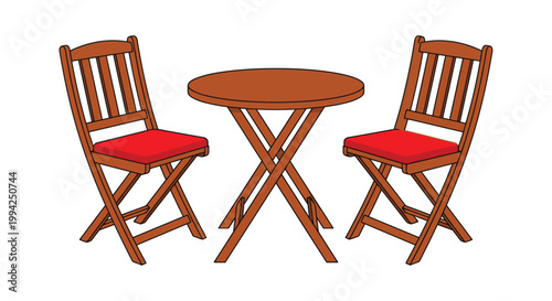 Simple illustration of a wooden table and two folding chairs with red cushions