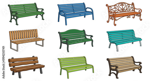 Colorful illustration of nine different park benches arranged in a grid