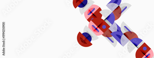 Abstract geometric shapes overlap, creating dynamic visual composition. Red, blue, pink hues dominate white background. Minimalist design.