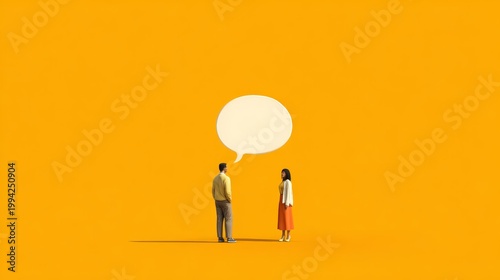 Two people are chatting, but between them is a giant empty speech bubble that only contains. Small Talk Simulator concept for background 