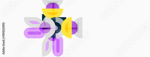 Abstract geometric shapes overlap, creating floral impression. Purple, yellow hues dominate neutral background. Modern design.