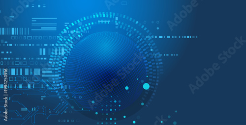 Abstract blue technology background showcasing a glowing wireframe globe surrounded by digital data streams, modern circuit patterns, and futuristic connections.
