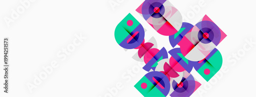 Abstract design features overlapping colorful shapes. Pink, purple, teal hues create dynamic composition. Modern aesthetic, simple background.