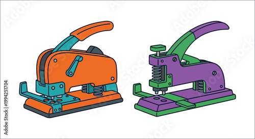 Two colorful hole punchers and loose paper fasteners are displayed