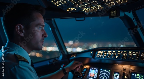 Nighttime Pilot Flying Aircraft in Cockpit Exterior