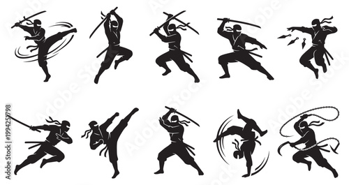 A collection of dynamic black silhouettes depicts ninjas in various combat stances, performing kicks, sword attacks, and weapon throws against a white background.