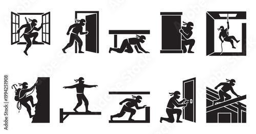 Collection of black silhouette icons depicting ninjas performing stealthy actions like climbing, sneaking, and lock picking in various environments.