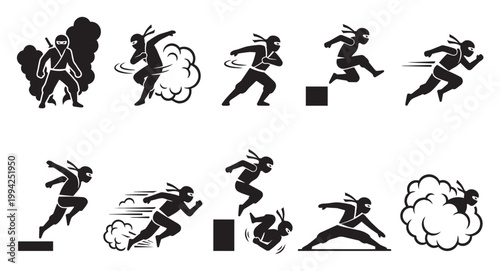 A collection of black silhouette icons depicting a ninja in various dynamic action poses, including running, jumping, and rolling, set against a white background.