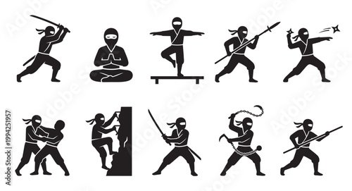 A collection of ten black and white silhouette icons depicting ninjas in dynamic poses, showcasing different martial arts skills, weapons, and combat scenarios for action or cultural themes.
