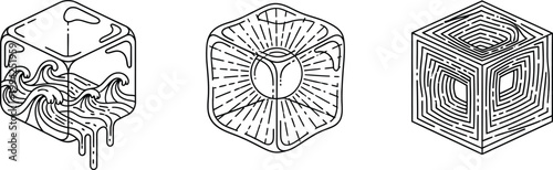 Three creative line art cubes featuring unique designs of ocean waves a radiant sun and a complex geometric wooden texture