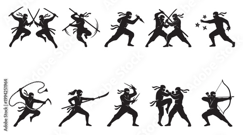 A collection of diverse black silhouettes of ninjas engaged in various combat poses and weapon use against a white background.