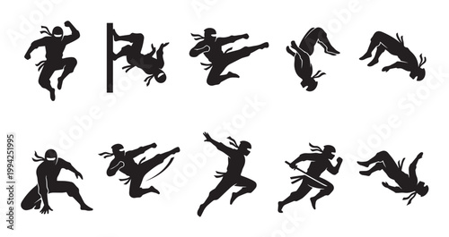 Collection of black silhouette figures depicting a ninja warrior in various dynamic martial arts action poses, including kicks, jumps, and swordplay, against a clean white background.
