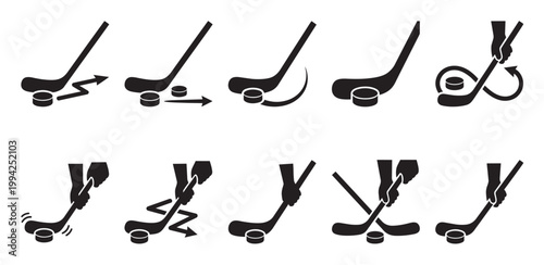 Set of black silhouette icons illustrating various hockey puck and stick actions, including shots, passes, and stickhandling on a clean white background.