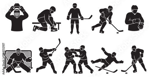 A collection of black and white silhouette icons depicts various actions of hockey players, including skating, shooting, and fighting, on a white background.