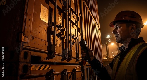 Industrial Worker Inspecting Shipping Container at Night