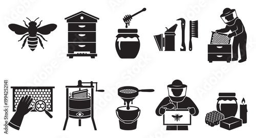 Collection of black and white vector icons depicting various aspects of beekeeping, including bees, hives, honey extraction, and beekeeper tools, suitable for agriculture or food industry concepts.