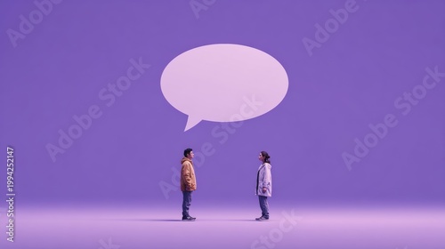 Two people are chatting, but between them is a giant empty speech bubble that only contains. Small Talk Simulator concept for background 