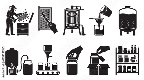 A set of black and white line art icons illustrating the entire honey production process from beekeeping to bottling and storage.