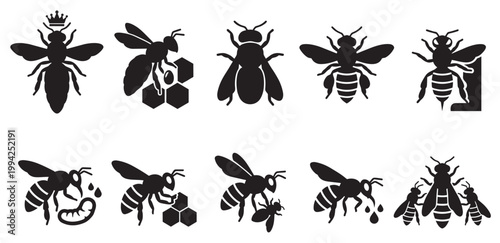 A collection of stylized black silhouette bee icons, featuring a queen bee with a crown, bees interacting with honeycomb, and dripping honey.