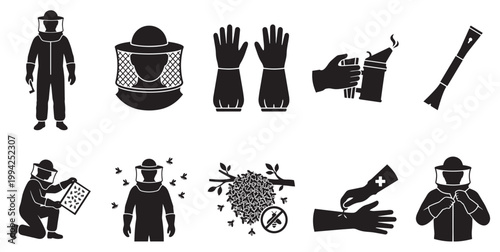 A collection of silhouette icons representing beekeeping activities, tools, and safety equipment, perfect for illustrating apiculture and insect-related themes.
