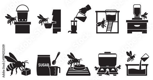 A set of black and white vector icons illustrating various aspects of beekeeping, including feeding bees, hive management, and honey production.