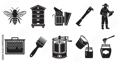 A collection of black and white vector icons representing beekeeping tools and processes, including a bee, beehive, smoker, hive tool, beekeeper, honeycomb frame, brush, extractor, and jars of honey.