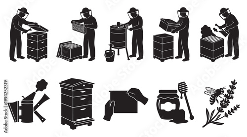 A collection of black and white silhouette icons depicting beekeeping activities, equipment, and products, perfect for illustrating apiary work, honey production, or natural themes.
