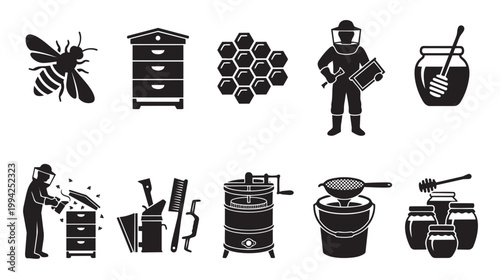 A collection of black silhouette icons depicting various beekeeping equipment and honey production processes for agriculture and nature concepts.