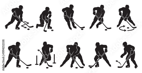 A collection of black silhouettes of ice hockey players demonstrating various actions and poses on a white background, perfect for sports graphics.