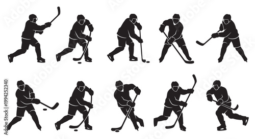 Collection of black silhouettes of hockey players in various action poses on white background, showcasing skill and movement.