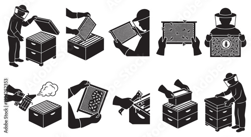 This illustration set depicts various actions performed by a beekeeper, including opening hives, handling honeycomb, and tending to bees, presented in a clean, silhouette graphic style.