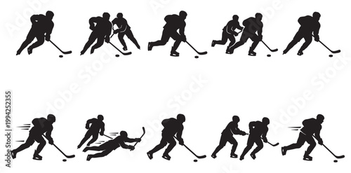 A dynamic set of black silhouettes captures the fluid motion of hockey players skating, stickhandling, and sliding on a white background.