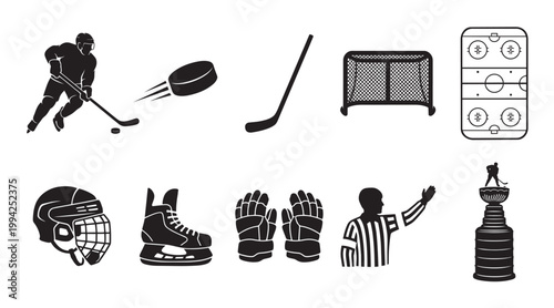 A collection of black and white silhouette icons representing various elements of ice hockey, including a player, puck, stick, net, rink, helmet, skates, gloves, referee, and trophy.