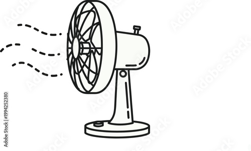 Minimalist black outline illustration of a desk fan blowing air to provide cooling and comfort, representing household appliances and summer relief.